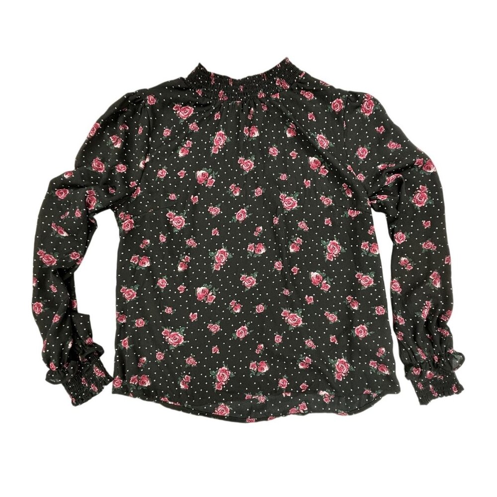 Smocked Floral Polka Dot Top Blouse Womens 6 WhimsiGoth Ruffle detail Sheer
